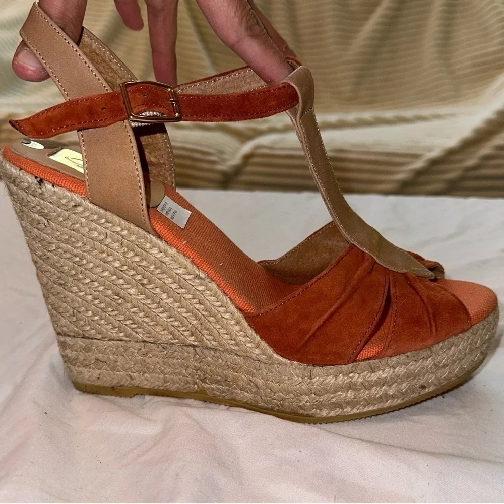 Kanna Anthropologie Suede Leather Orange Espadrille Platform Wedge Sandal 9